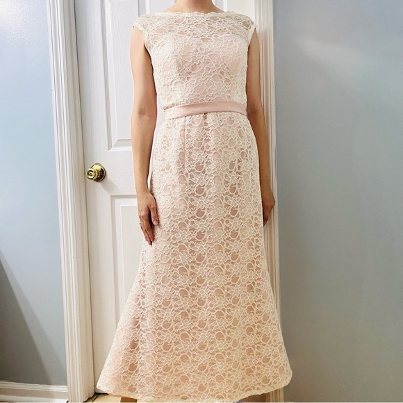 Mori Lee Dress Lace Pink White Bow Dainty Midlength Formal Cocktail Bow Size 14 - Picture 9 of 9